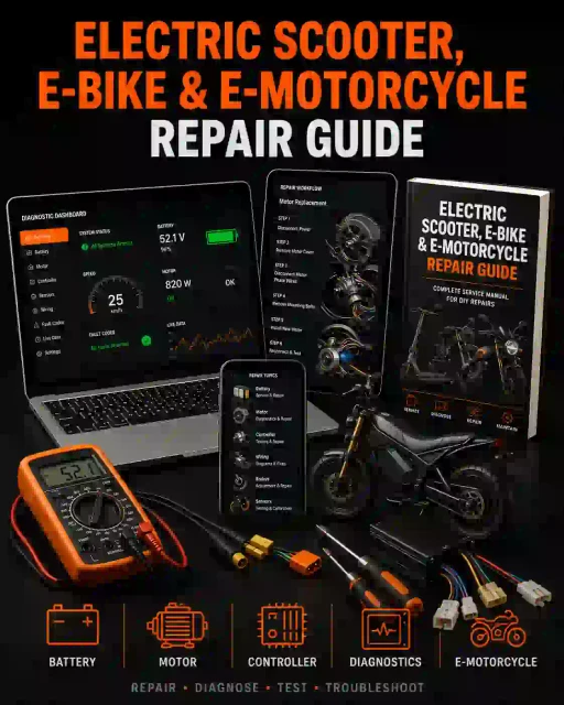 Electric scooter, e-bike and electric motorcycle repair manual shown on laptop, tablet and phone